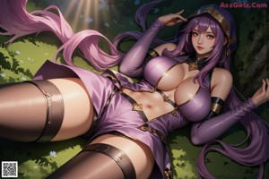 A woman with purple hair and a crown on her head.