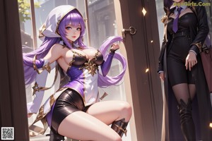A woman with purple hair wearing a purple hat.