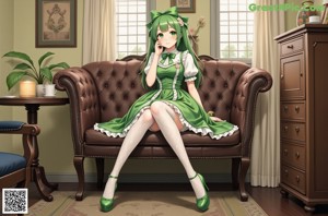 A woman in a green dress and white stockings posing for a picture.