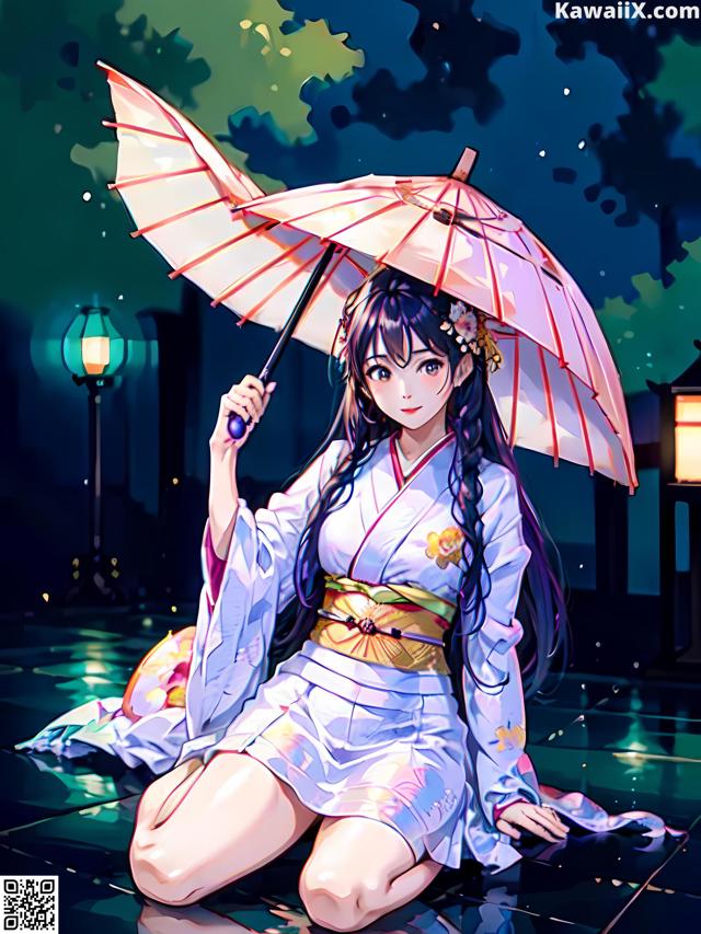 A woman in a kimono sitting on the ground holding an umbrella.