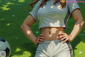 A woman in a sports bra top and shorts posing for a picture.