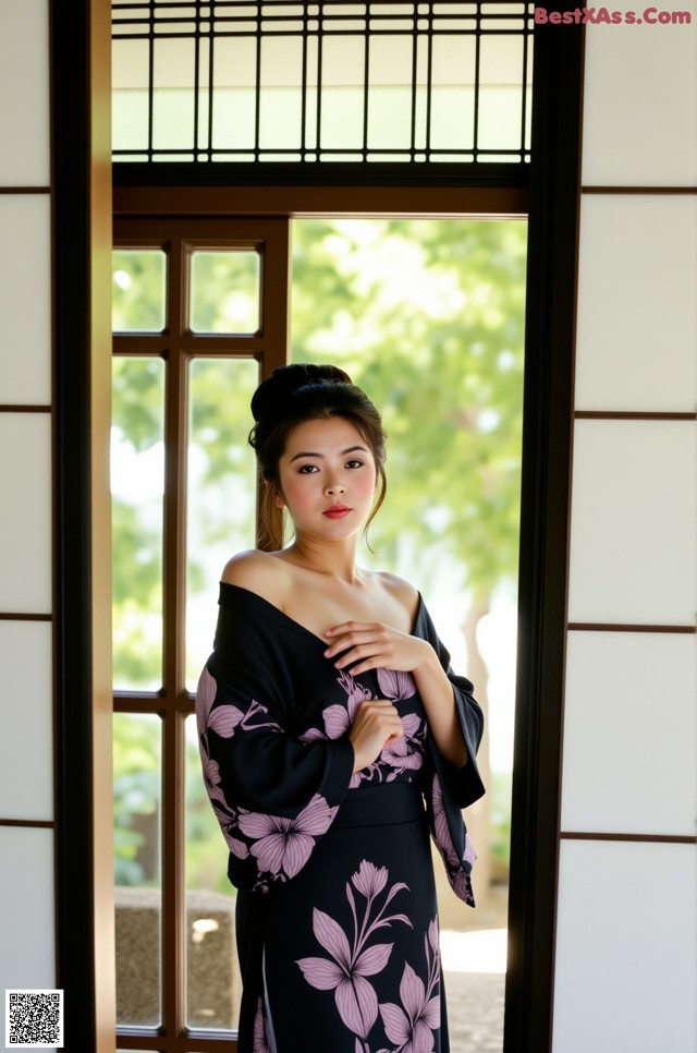 A woman in a black and purple kimono standing in front of a window.