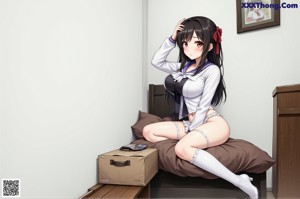 Anime girl with big tits posing naked on a bed.