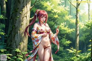 A woman in a pink kimono standing in front of a tree.