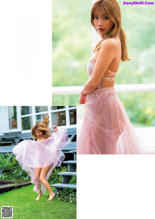 A woman in a pink dress is posing for a magazine.