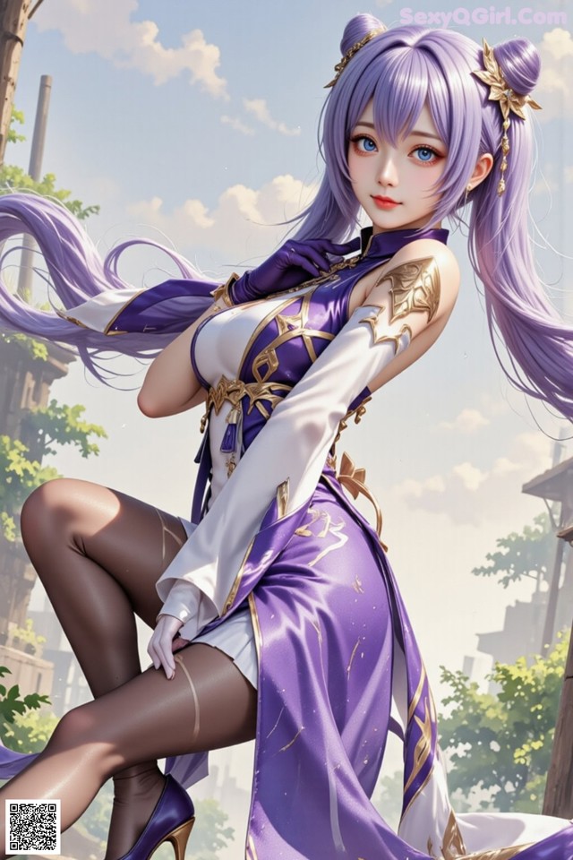 Hentai - Sovereign of Lightning in Exquisite Garb Set.1 20250125 Part 8 No.0ba89a A woman with long purple hair sitting on a tree.