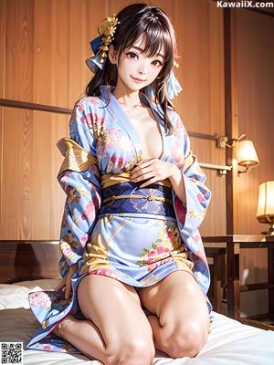 A woman in a blue kimono standing on a sidewalk.