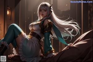 A woman with long white hair standing in a room.