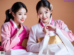 A woman in a pink and blue hanbok is posing for a picture.
