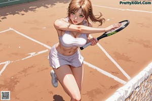 A woman holding a tennis racket on a tennis court.