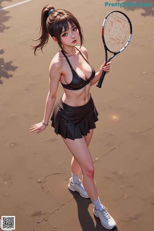 A woman in a black bikini holding a tennis racket.