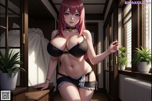 Anime girl with big tits sitting on a bed.