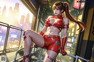 A woman in a red and white outfit standing in the middle of a city.
