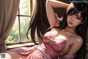 A woman in a kimono sitting on a table next to a plant.
