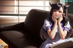 A girl in a school uniform is sitting on a bed.