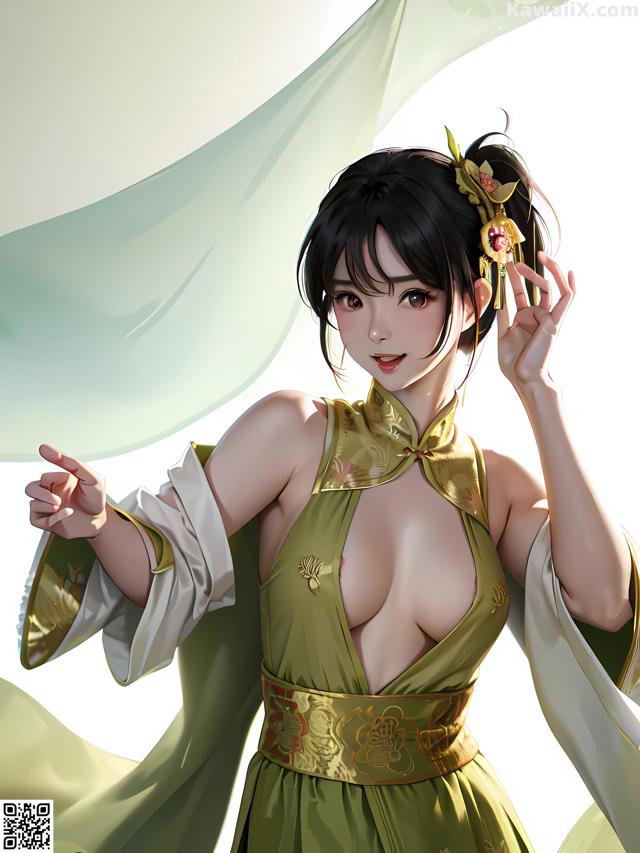 A woman in a green dress holding a flower in her hand.