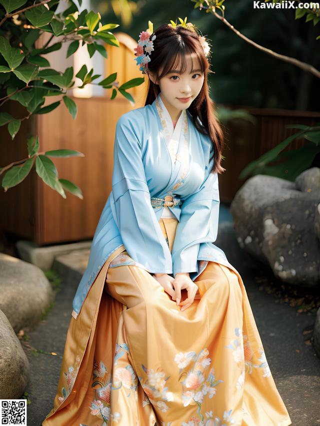 A woman in a blue and yellow hanbok sitting on a rock.