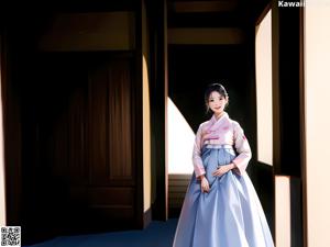 A woman in a pink kimono standing in a bedroom.