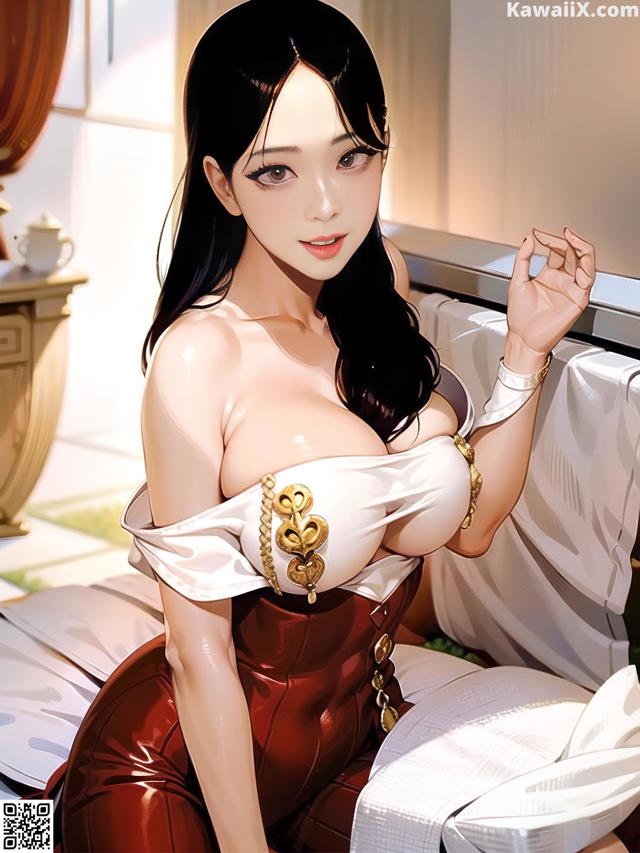 A woman in a red and white outfit sitting on a bed.