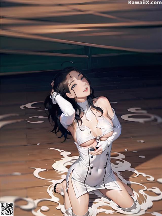 A woman in a white dress sitting on a wooden floor.