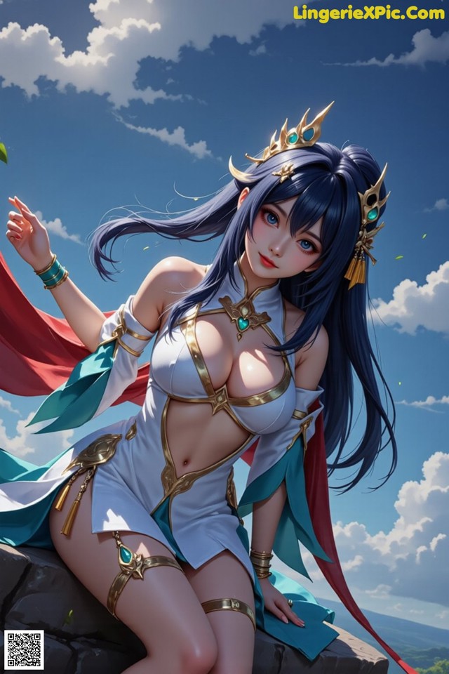 Hentai - Under the Radiance of Celestial Grace Set.1 20250106 Part 7 No.56a737 A woman in a white and blue outfit sitting on a rock.