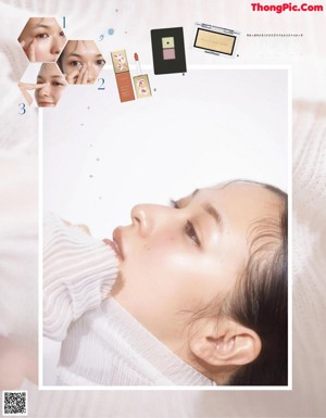 A magazine page with a picture of a woman applying makeup.