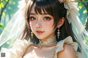 A woman in a wedding dress standing in the woods.