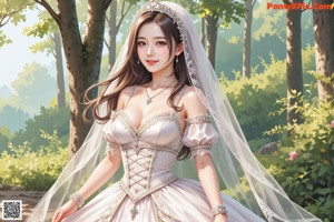 A woman in a wedding dress standing in the woods.