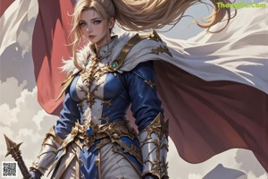 A woman in a blue and red outfit holding a sword.
