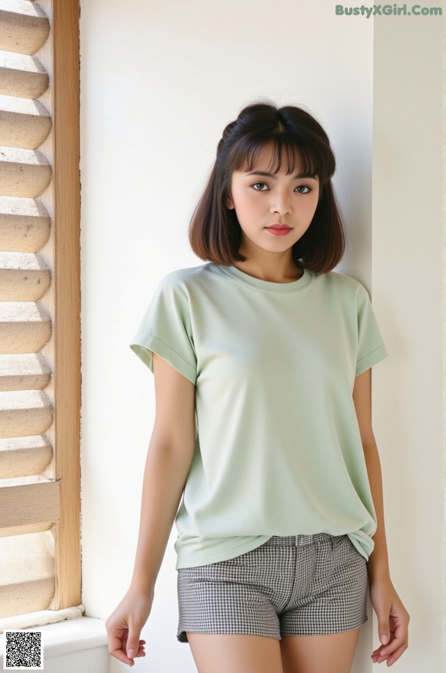 a woman standing in front of a window wearing a green shirt