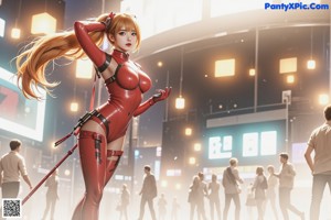A woman in a red bodysuit is posing for a picture.