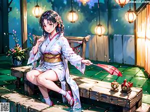 A woman in a kimono sitting on a bed.