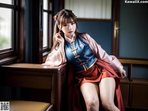 A woman in a purple kimono sitting on a bed.