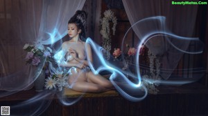 A naked woman sitting on top of a wooden bench.