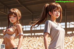 A girl in a baseball uniform standing in front of a stadium.
