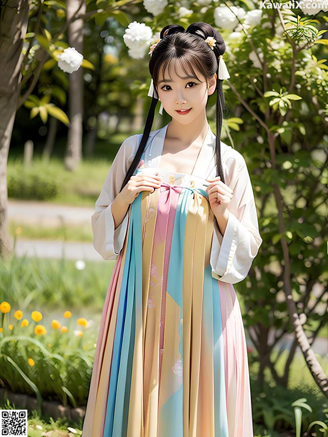 A woman in a colorful dress standing in a park.