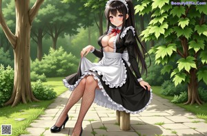 A woman in a maid outfit standing in front of a house.