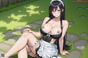 A woman in a maid outfit standing next to a tree.
