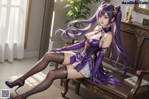 A woman in a purple outfit is sitting on the floor.
