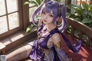A woman with long purple hair sitting on a rock.