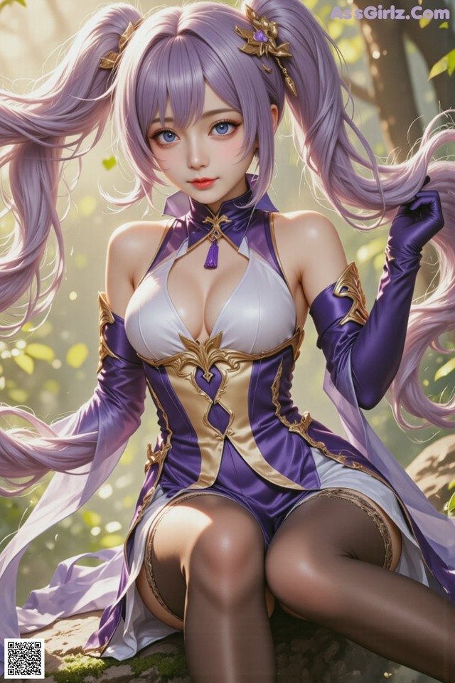 Hentai - Sovereign of Lightning in Exquisite Garb Set.1 20250125 Part 15 No.4929db A woman with long purple hair sitting on a rock.