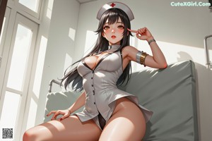 A woman in a nurse uniform sitting on a bed.