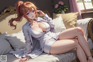 A woman in a black shirt and panties laying on a bed.