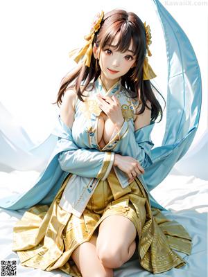 A woman in a blue and yellow dress posing for a picture.