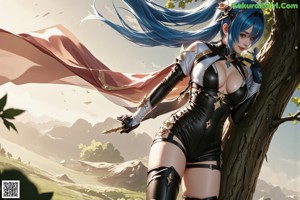 A woman with blue hair standing in front of a tree.