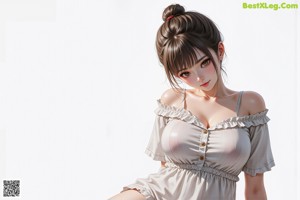 A woman in a white dress sitting on a bed.