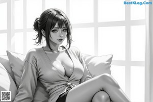 A woman in a green shirt is sitting on a bed.