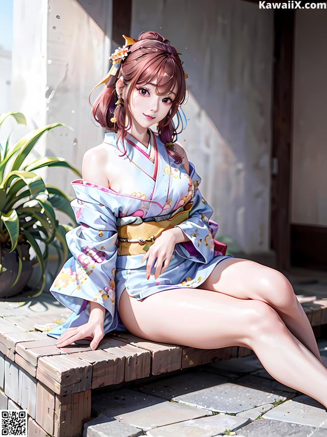 A woman in a kimono sitting on a wooden bench.