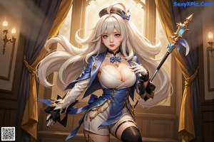 A woman in a white and blue outfit holding a sword.
