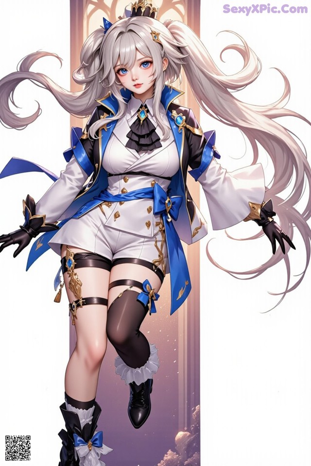 A woman with long white hair wearing a blue and white outfit.